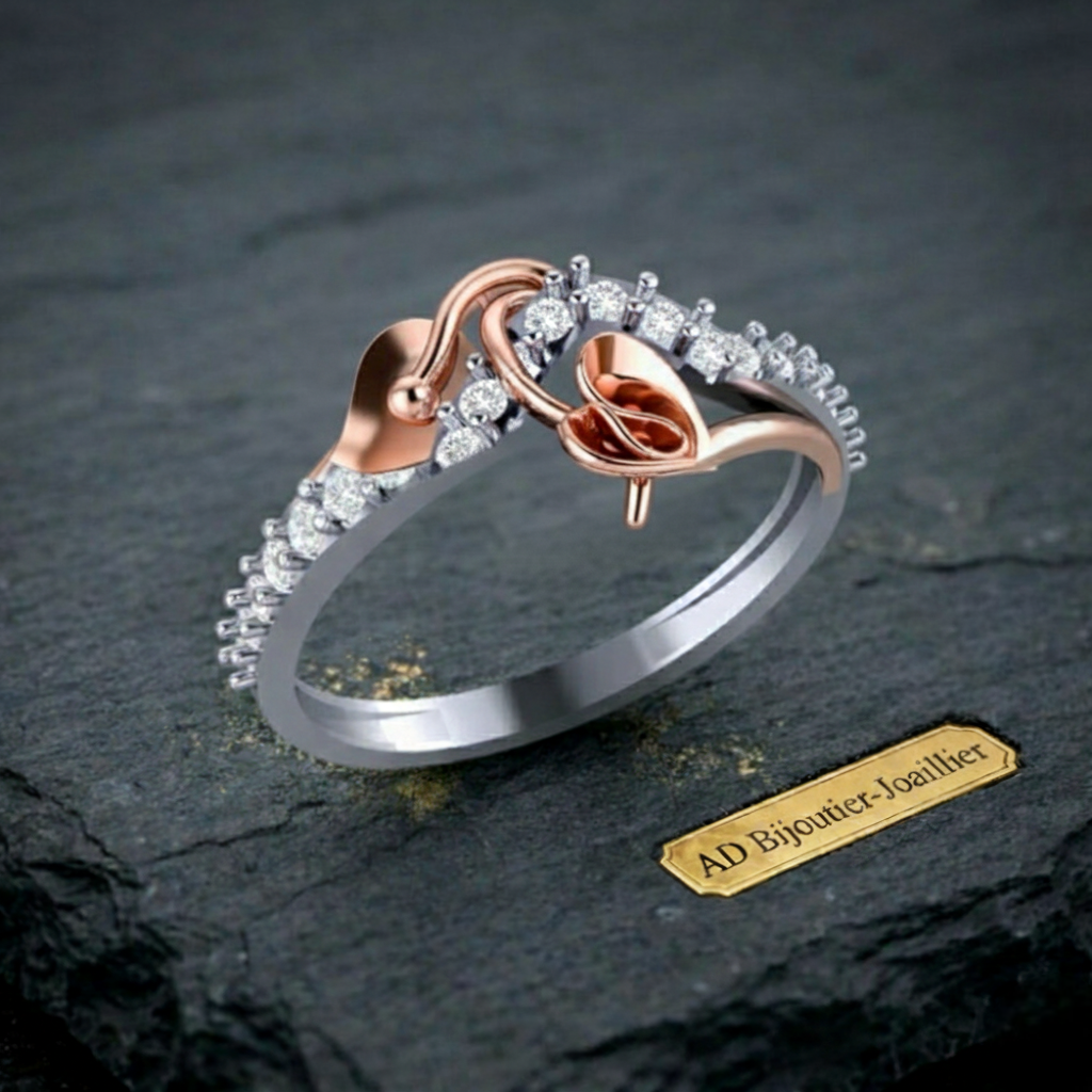 Bague double fleur en or rose sertie de diamants