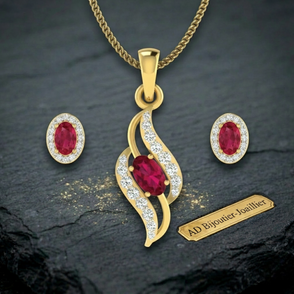 Pendentif et boucles oreilles rubis diamants