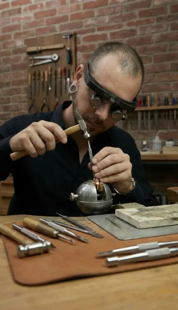 Artisan bijoutier concentré sur un sertissage