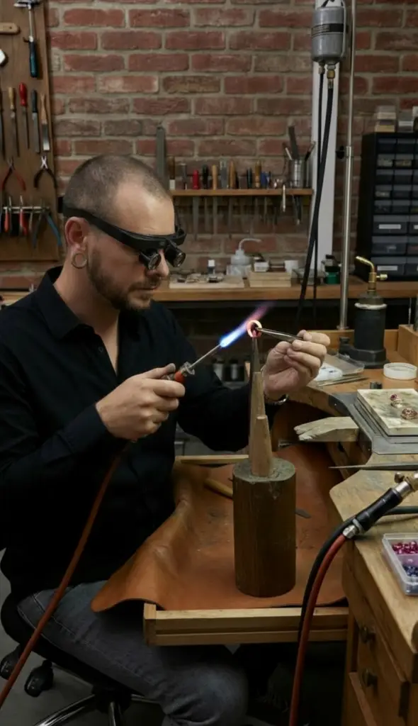 Artisan bijoutier concentré sur une soudure