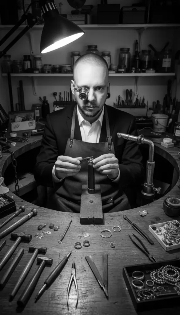 Artisan travaillant à l'établi avec une loupe