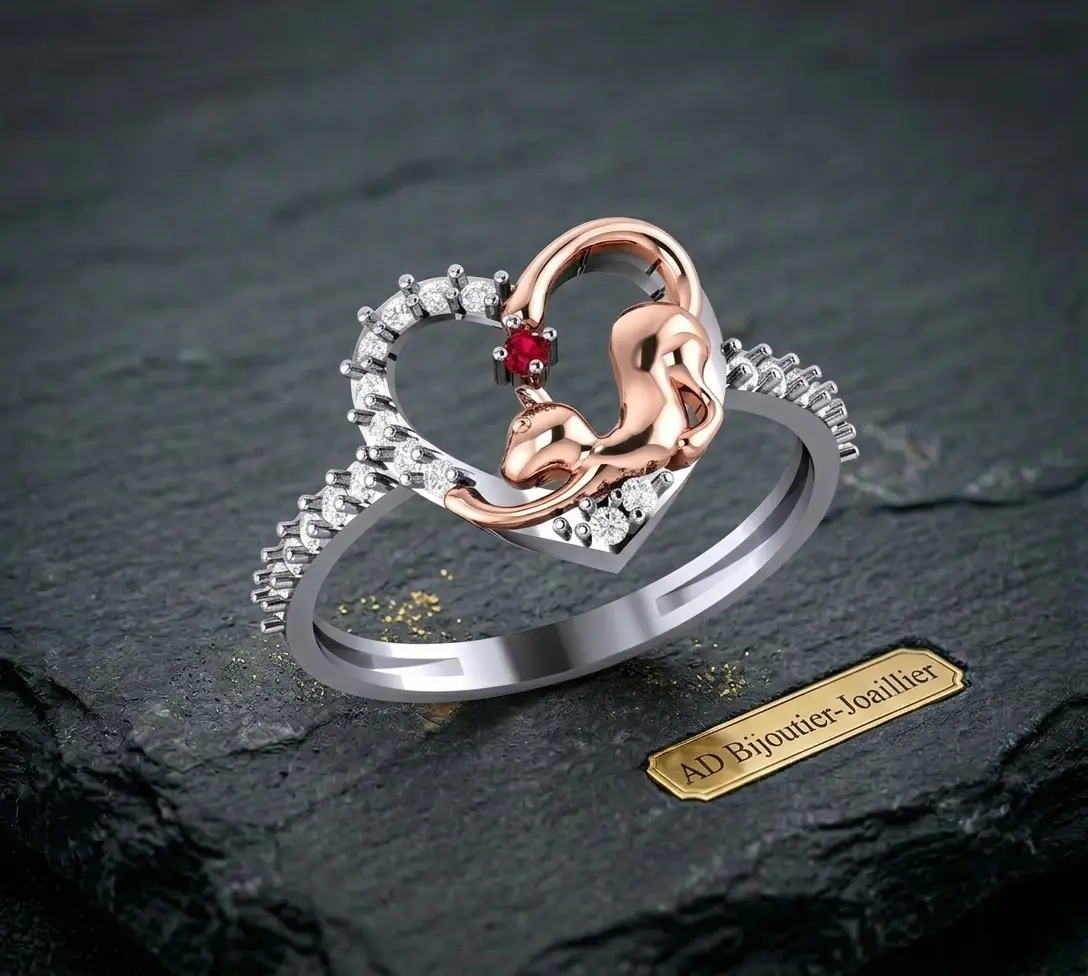 Bague avec motif cœur et chat rose et diamants