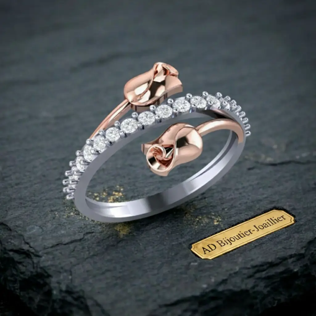 Bague double fleur en or rose sertie de diamants
