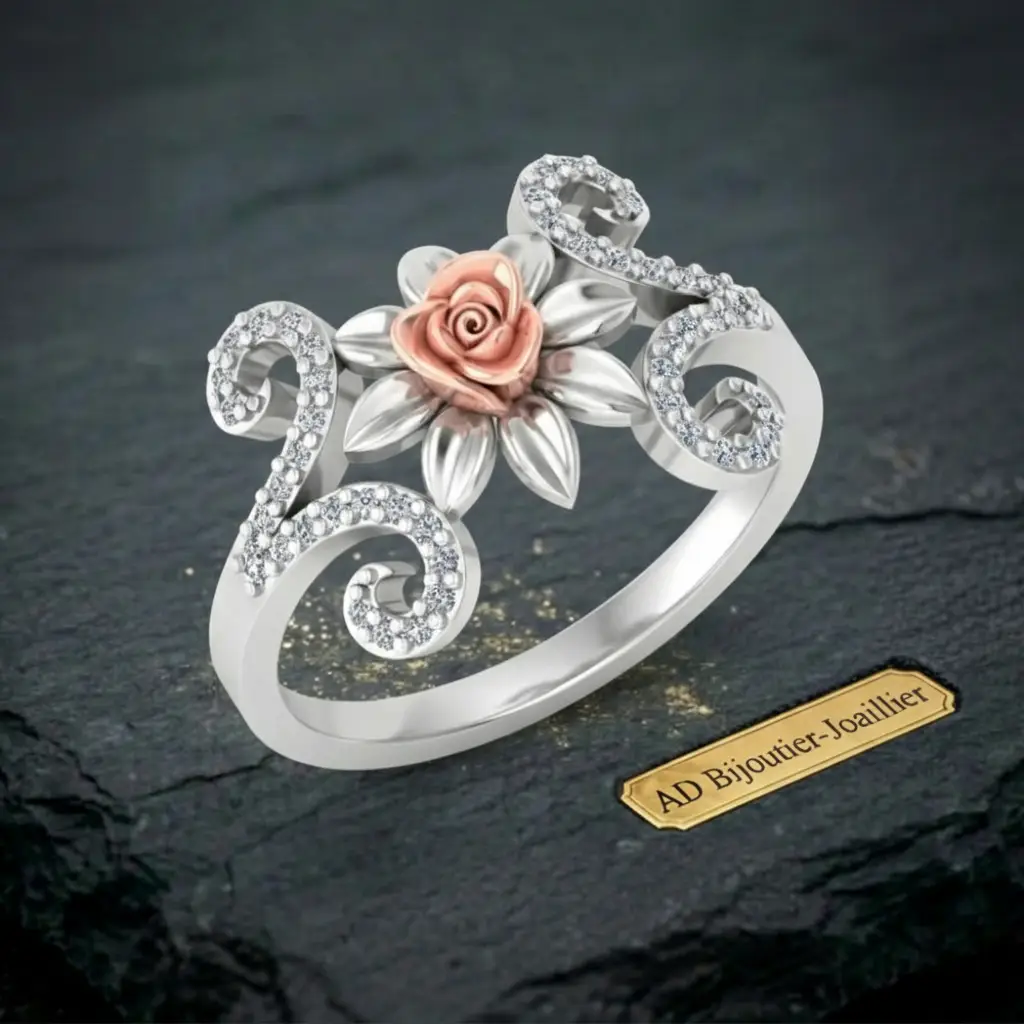 Bague entrelacée avec petites fleurs en or rose