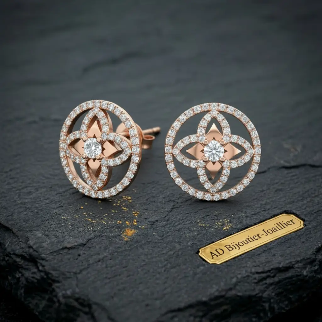 Boucles d'oreilles cercles et étoile entrelacés en or bicolore serti diamants