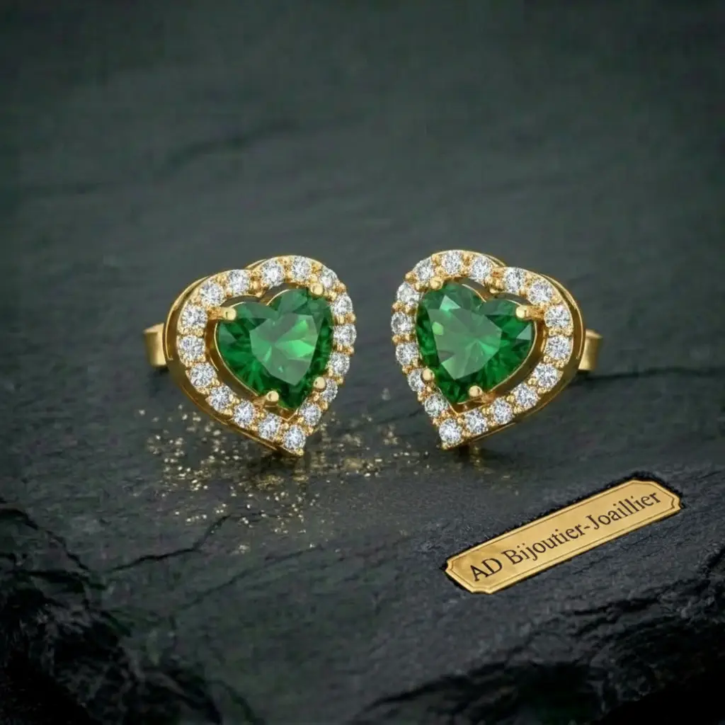 Boucles d'oreilles cœurs en or et émeraudes