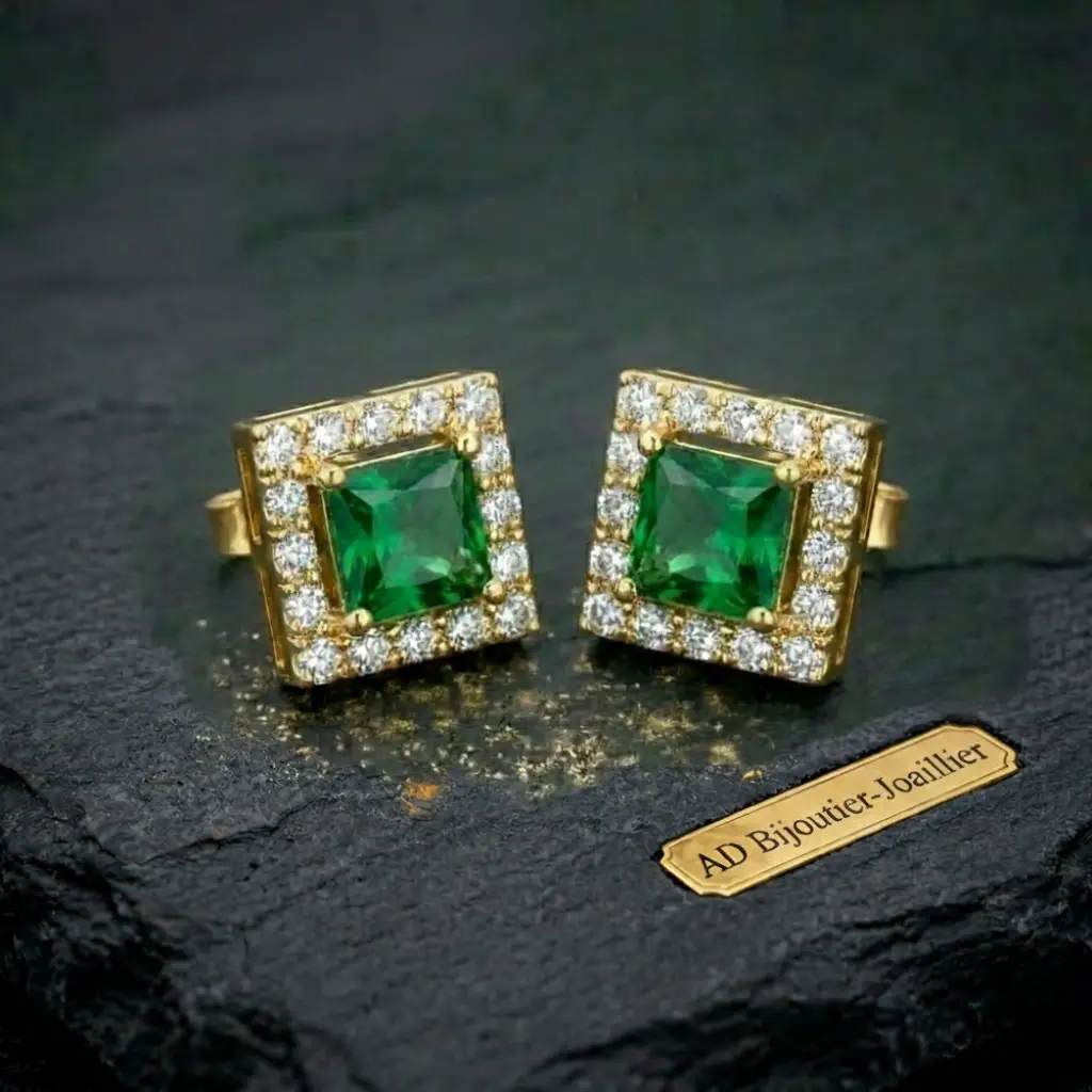 Boucle d'oreilles losanges en or jaune et émeraudes