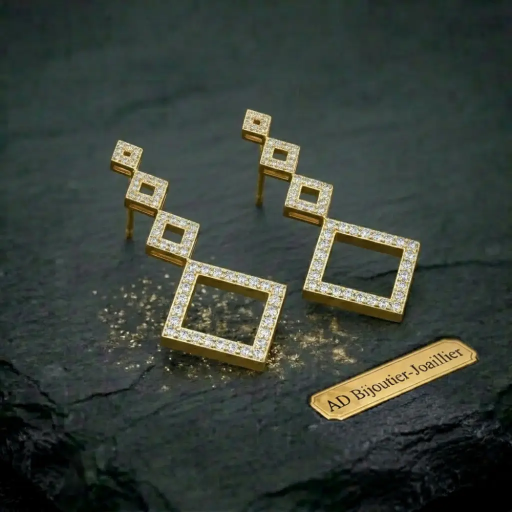 Boucles d'oreilles pendantes forme losange en or serties de diamants