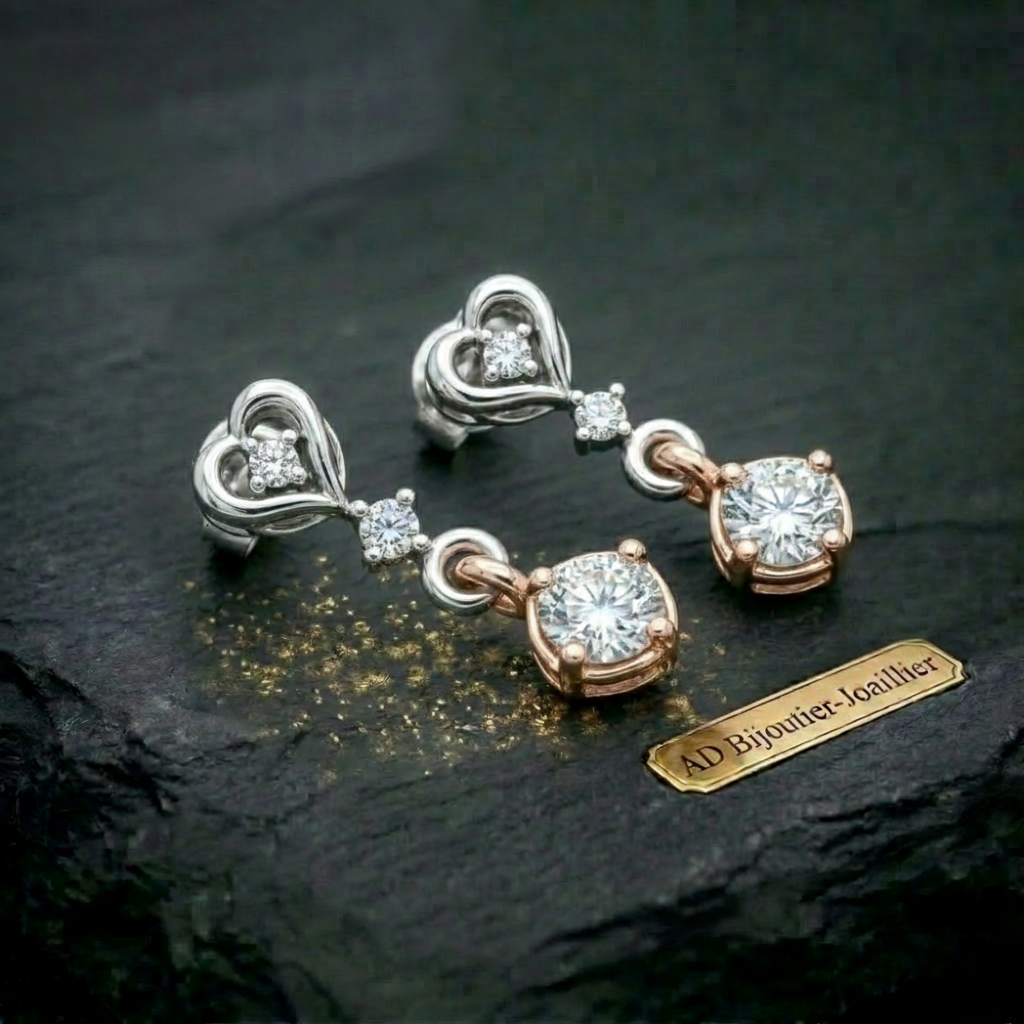 boucles oreilles pendantes cœur deux diamant