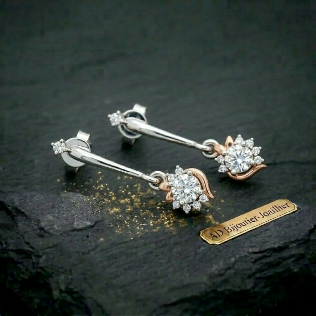boucles oreilles pendantes solaire deux diamants