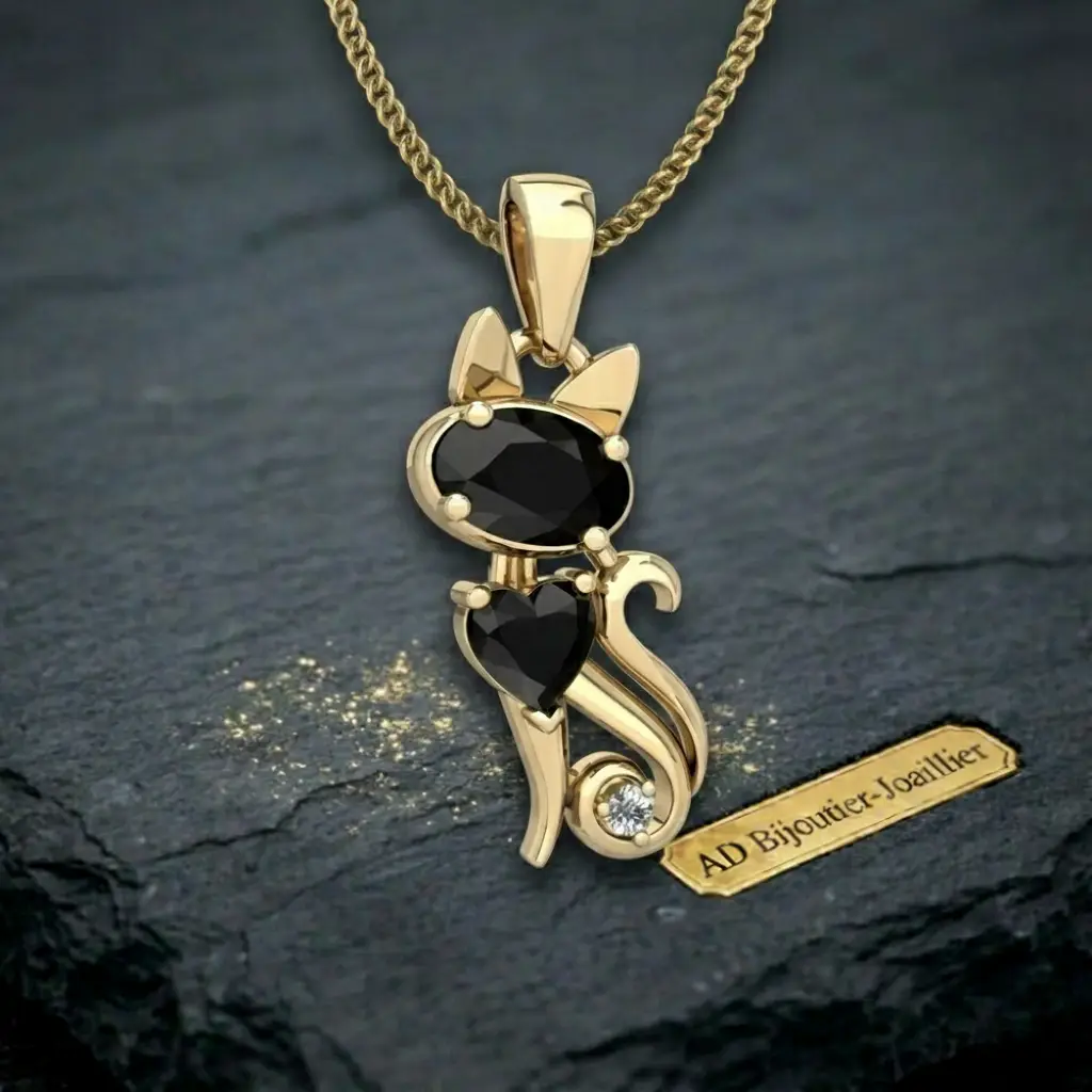 Pendentif silhouette de chat en or et pierre noire