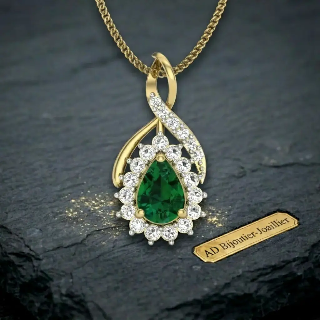 Pendentif goutte en or jaune et pierre verte