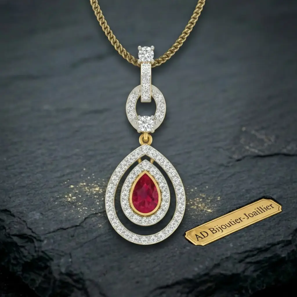 Pendentif poire en or jaune serti d'un rubis