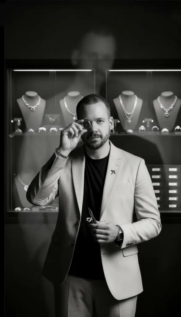 Portrait en noir et blanc de l'artisan joaillier