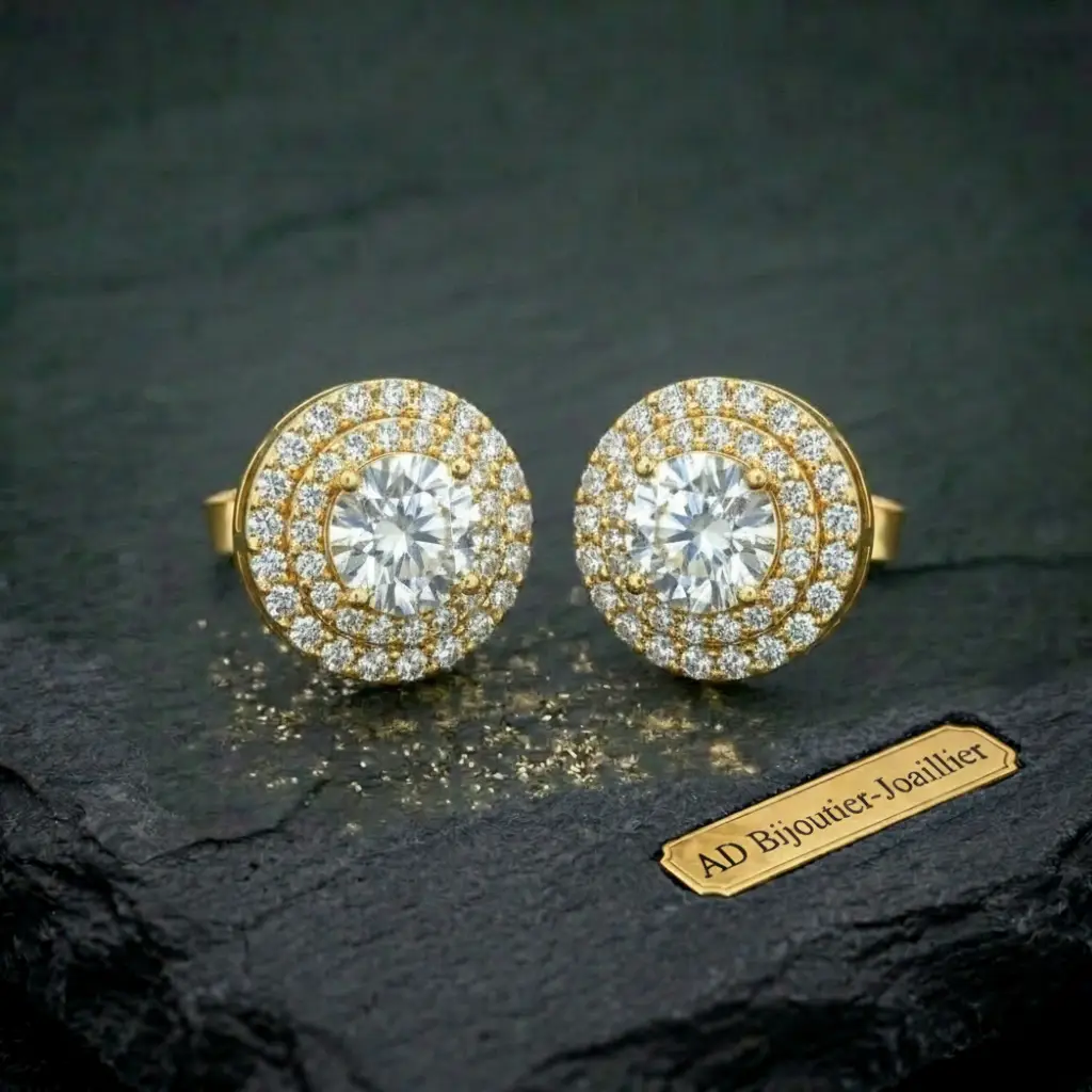 Puces d'oreilles rondes avec entourage diamants